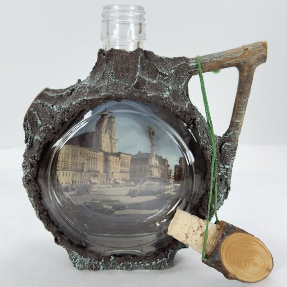 Vintage Austrian Decanter Glass Bottle Scenic Linz Tree Bark Design Cork Stopper - Picture 7 of 12